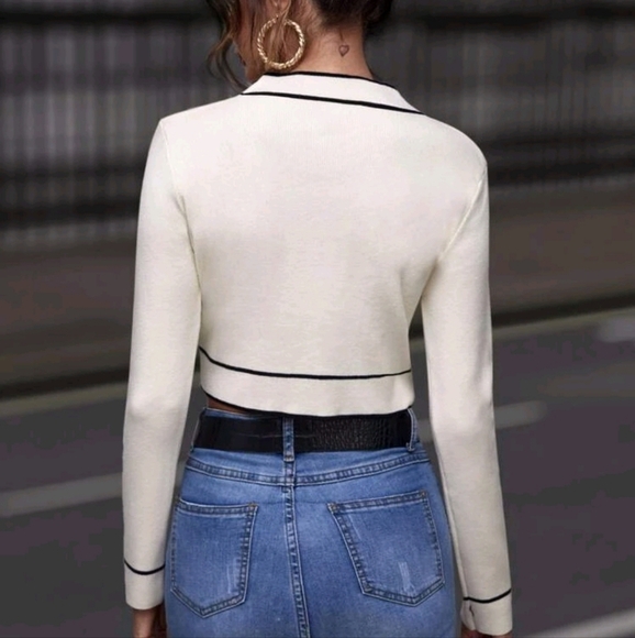 White Cardigan Contrast Binding Button Front Cardigan,Long Sleeve Tops - Picture 2 of 4